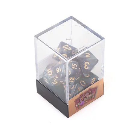 Lot de 7 Dés multiformat en boîte – Noir nacré et or Lot de 7 Dés multiformat en boîte – Noir nacré et or