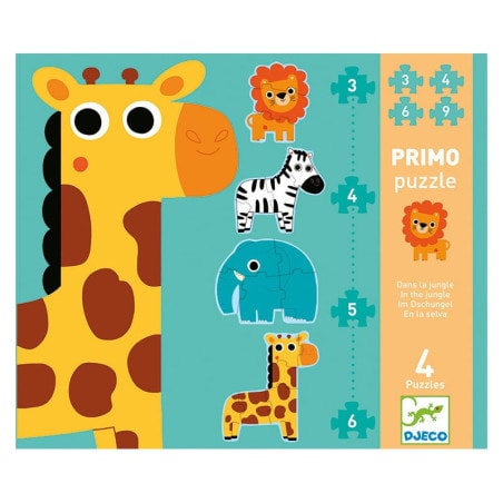 Puzzle Primo Dans la jungle - 4 puzzles évolutifs 3, 4, 5, et 6 pièces - Djeco